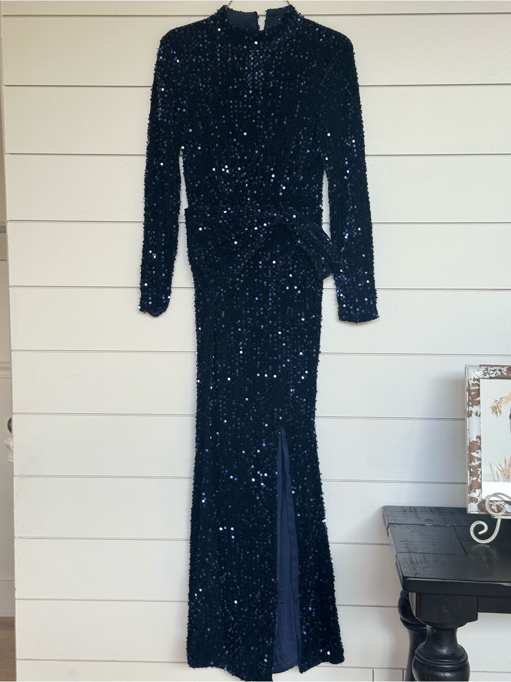 Sparkling Navy Sequin Long Sleeve Evening Gown